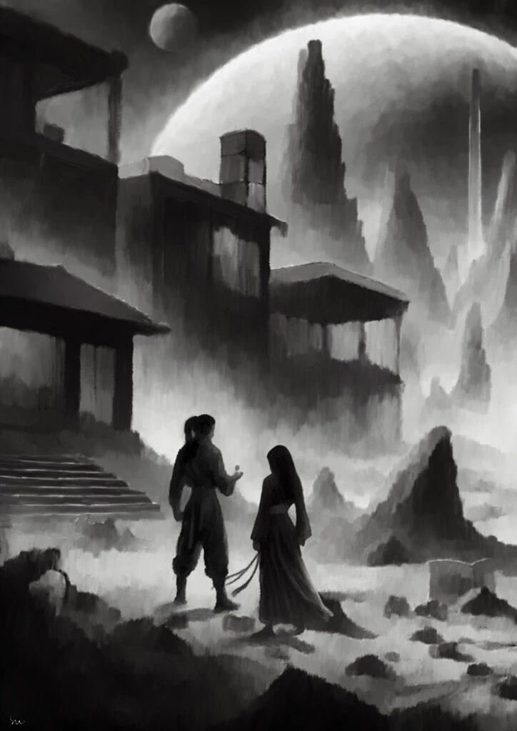 Taj and Luna: black and white drawing, drawn in Procreate by svl