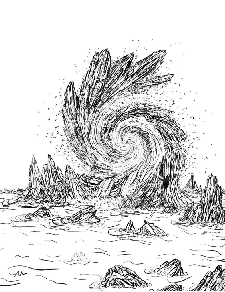 Water and rock: draft, black and white drawing, drawn in Procreate by svl