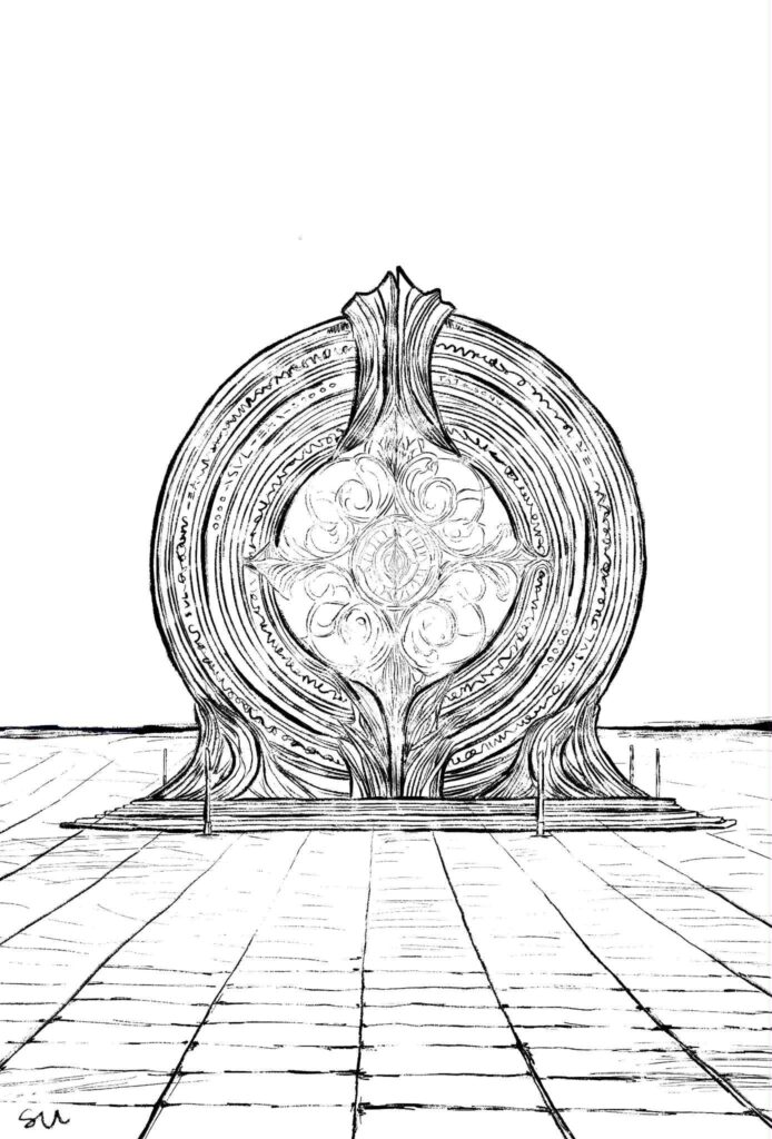 The Gate: draft, black and white drawing, drawn in Procreate by svl