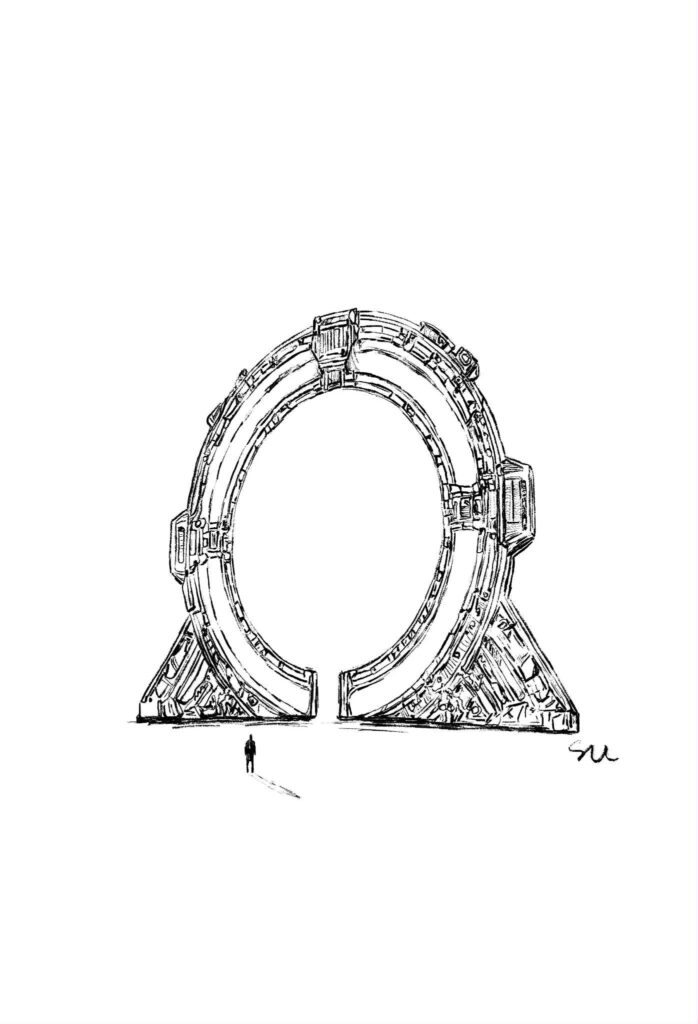 The Gate, another draft, black and white drawing, drawn in Procreate by svl