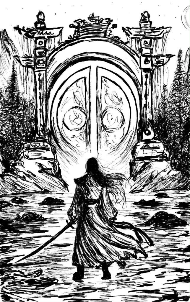 Taj and the gate (draft): black and white drawing, drawn in Procreate by svl