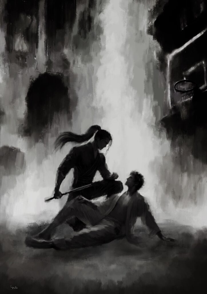 Taj and Riley: black and white drawing, drawn in Procreate by svl