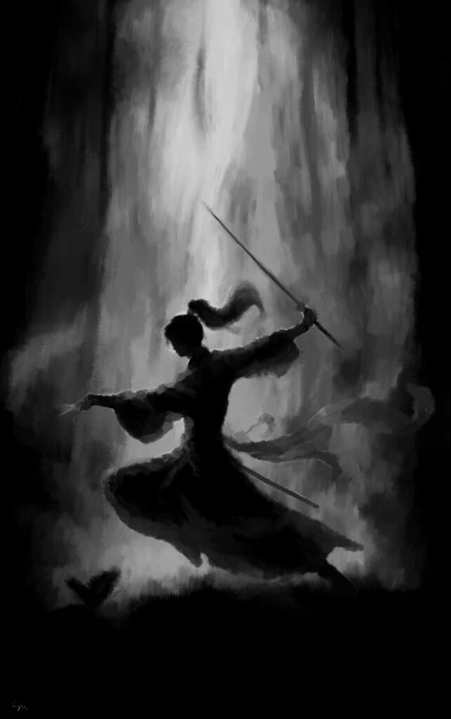 Taj, dancing: black and white drawing, drawn in Procreate by svl