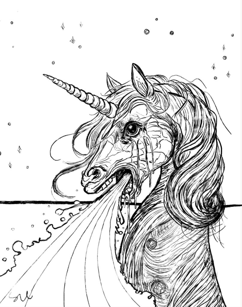 The Disruption (unicorn AI that caused the climate disruption): black and white sketch, drawn in Procreate by svl