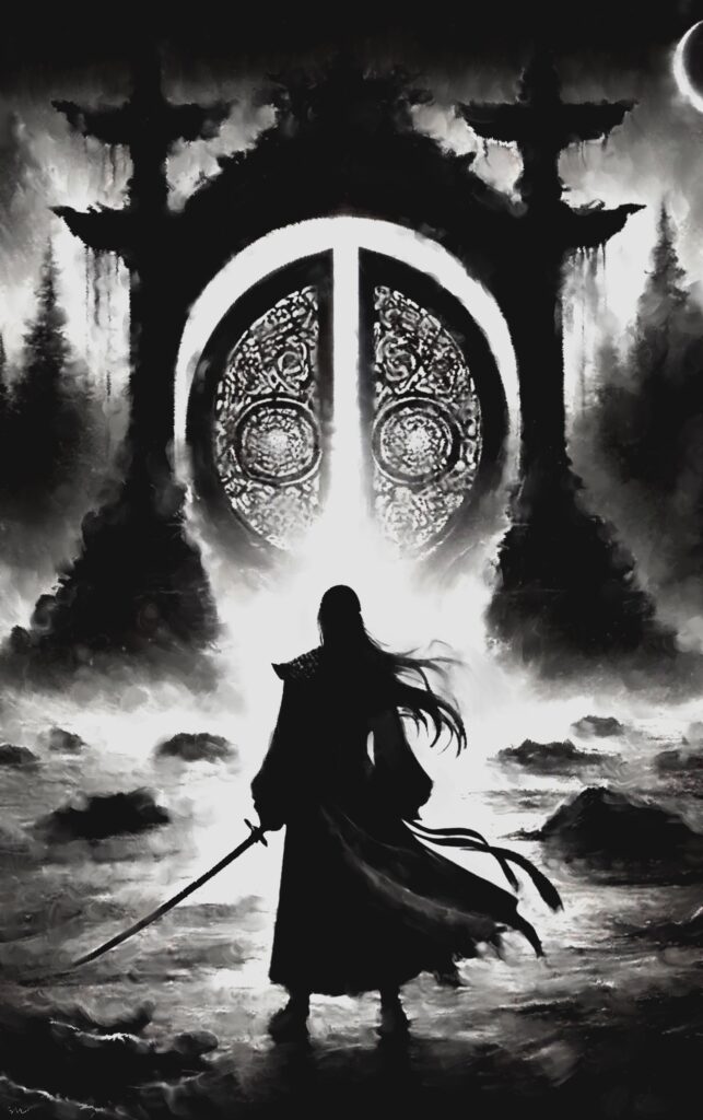 Taj and the Gate: black and white drawing, drawn in Procreate by svl