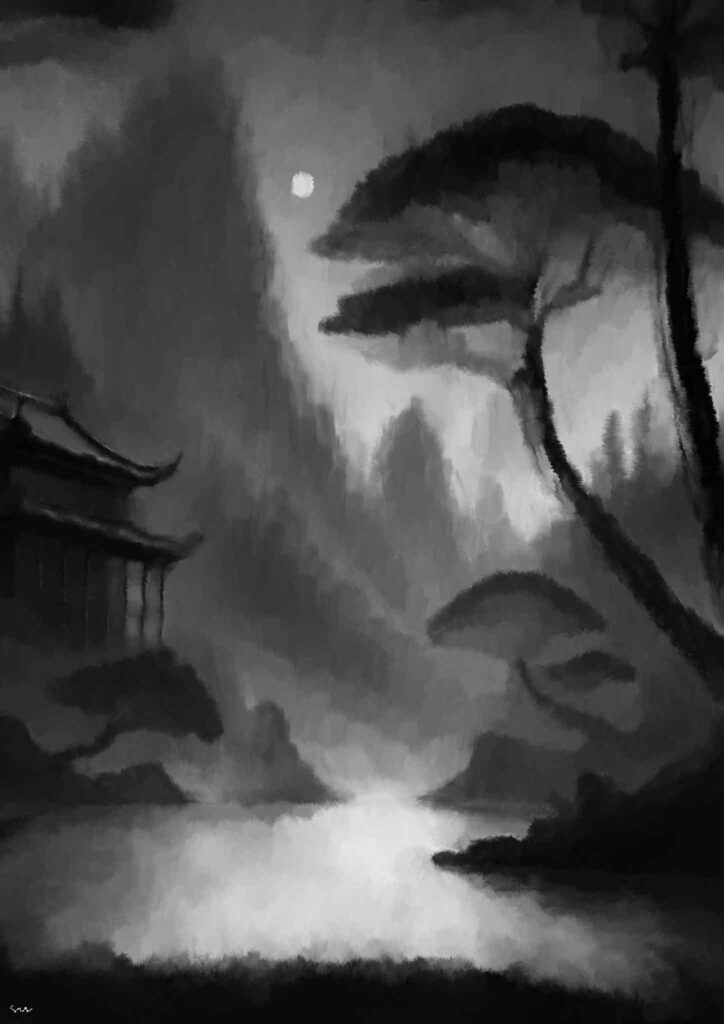 Song's house: black and white drawing, drawn in Procreate by svl