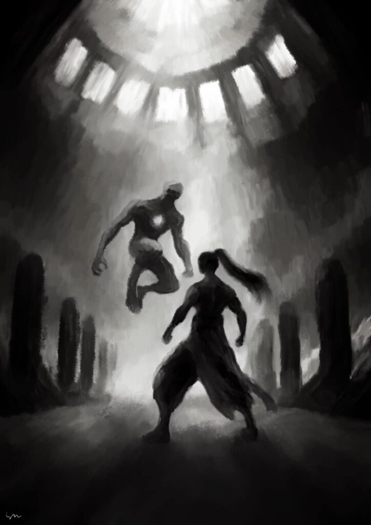 Taj and the creature: black and white drawing, drawn in Procreate by svl