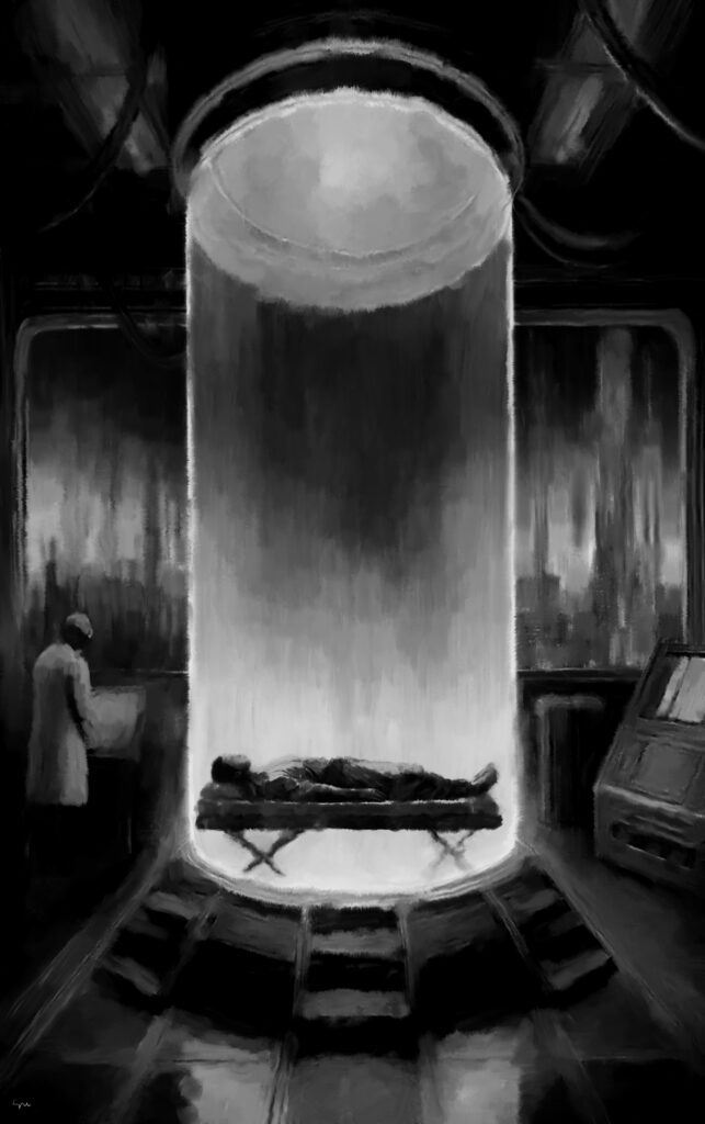 The lab: black and white drawing, drawn in Procreate by svl