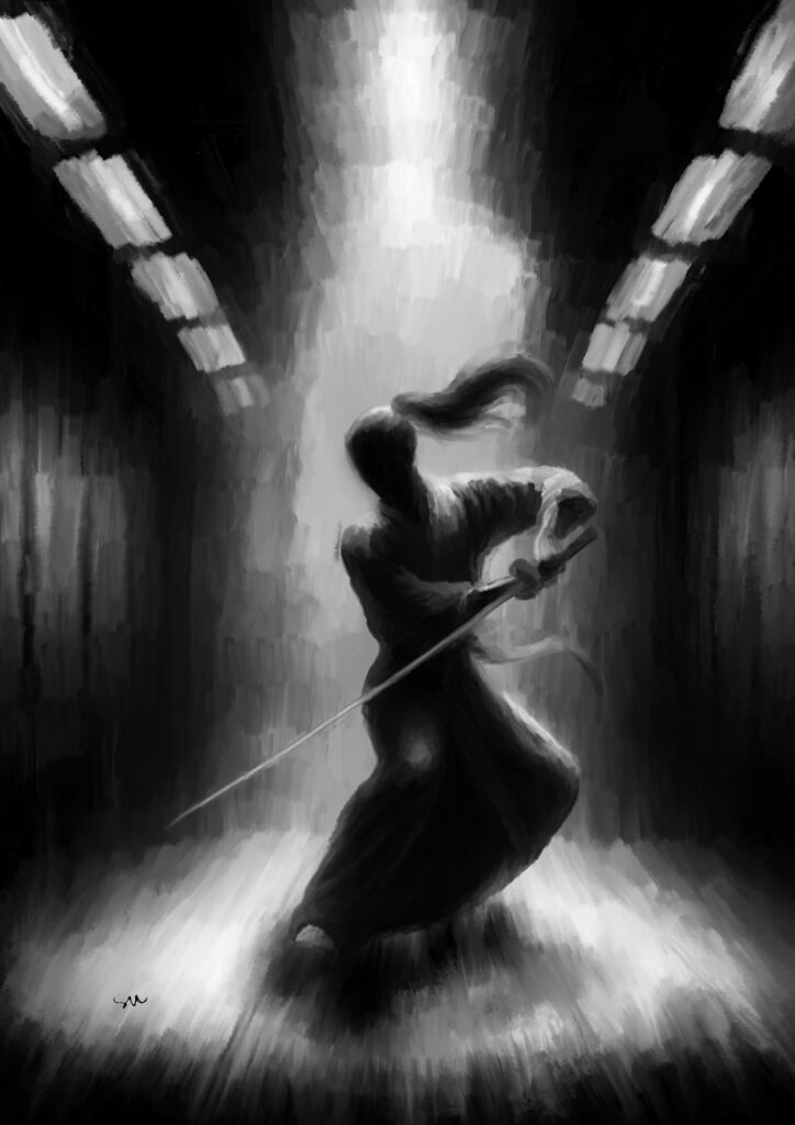 Taj, sword dance: black and white drawing, drawn in Procreate by svl