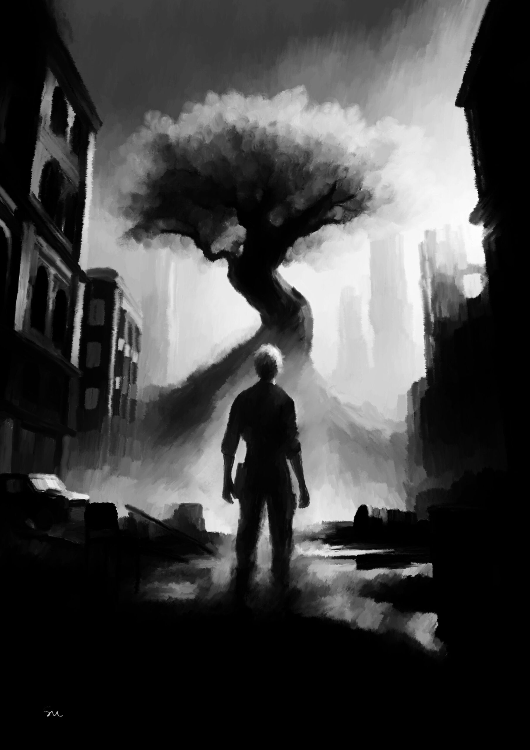 Jo, looking at a tree in a city that was destroyed during a climate catastrophe, drawing in black and white,