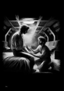 Jo and Aldo in the underground laboratories, drawing, black and white