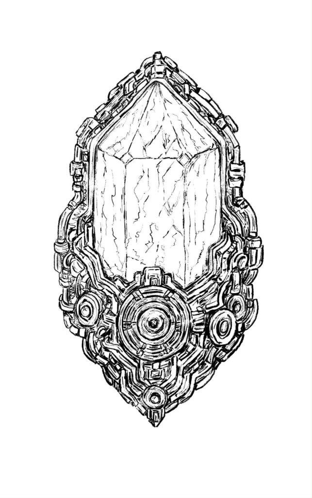 Black and white drawing of a Crystal, MM Romantasy art