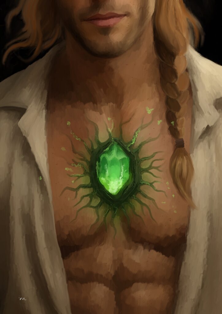 Ruben and glowing energy Crystal, image from book the First Crystaler, MM Romance Fantasy
