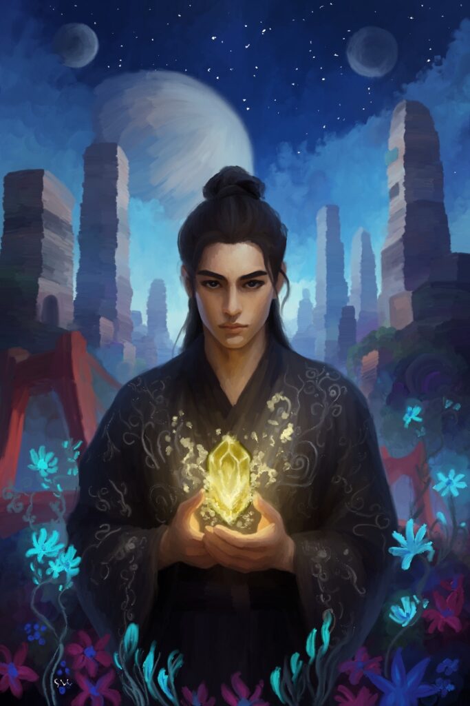 Taj holding a Crystal - gay romance fantasy art from the series the Taj and Song Trilogy