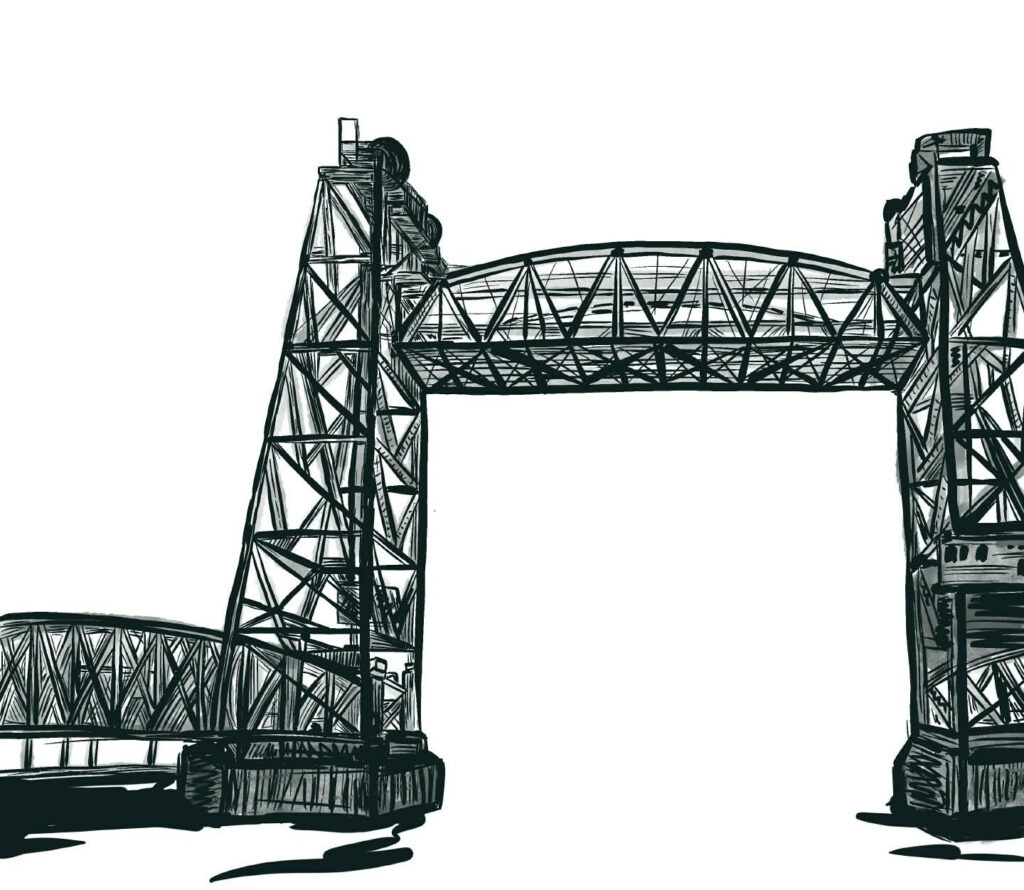 MM romantasy art, BW sketch of Rotterdam bridge