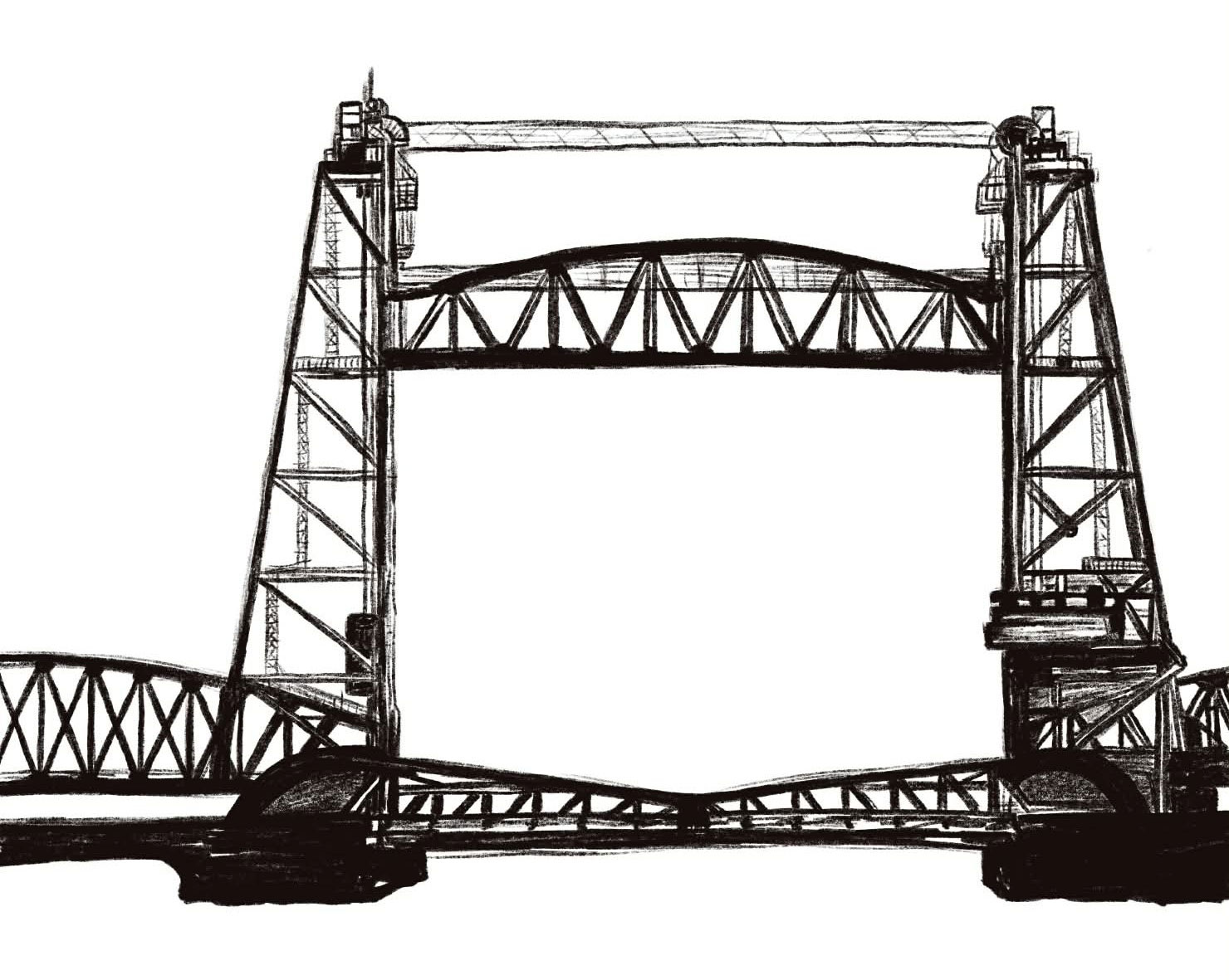 Gay romantasy art, BW sketch of Rotterdam bridge